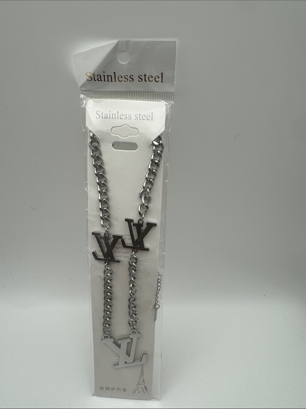 Stainless Steel Men's Chain Necklace with Interlocking Initial Charms - Silver